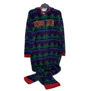 One Piece Kiss Me Christmas Mistletoe Drop Drawer Pajamas w/ Hood XXL Fuzzy